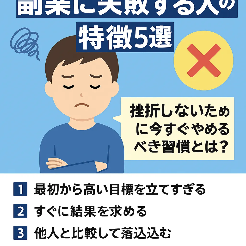 副業に失敗しないための特徴5つを説明する男性のイラスト